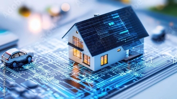 Obraz Digitally Rendered Model House on Circuit Board with Toy Cars and Light Background