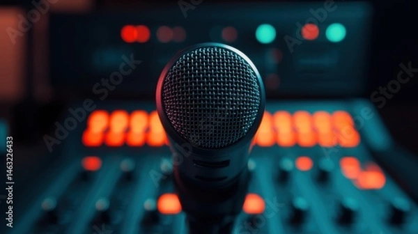 Fototapeta Close-Up of a Professional Microphone Against a Blurred Sound Mixing Console with Vibrant Lights