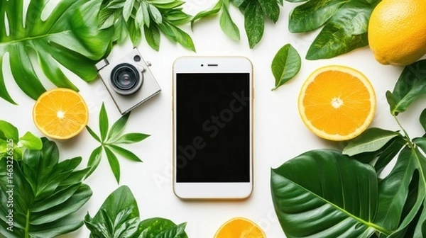 Obraz Smartphone Surrounded by Green Leaves and Fresh Oranges on White Background