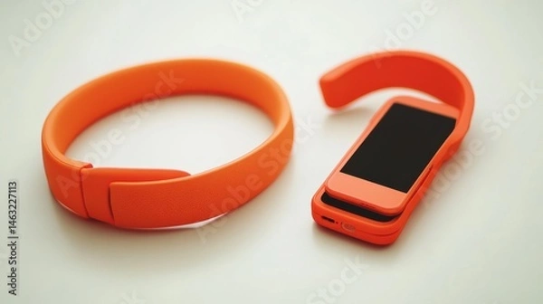 Obraz Vibrant Orange Technology Accessories Including a Smartband and a Smartphone on a Neutral Background