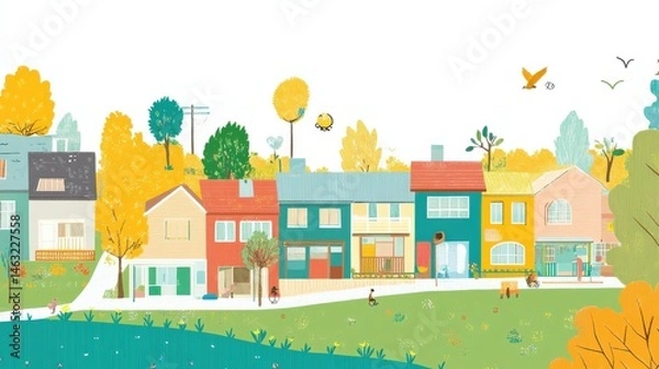 Obraz Charming Colorful Houses with Lush Greenery in a Serene Neighborhood Scene