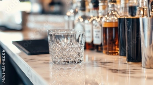 Obraz Elegant Crystal Glass on Marble Bar Surface with Assorted Liquor Bottles in the Background