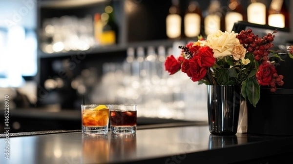 Obraz Elegant Bar Scene with Cocktails and Floral Arrangement on a Dark Countertop in a Modern Setting