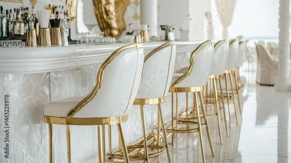 Obraz Elegant modern bar interior with luxurious white and gold seating and stylish decor elements