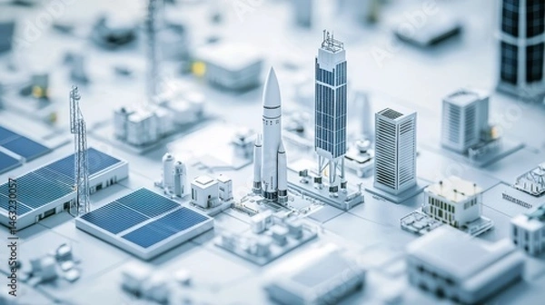 Obraz Modern Cityscape with Rocket Model and Futuristic Buildings in a 3D Rendered Environment