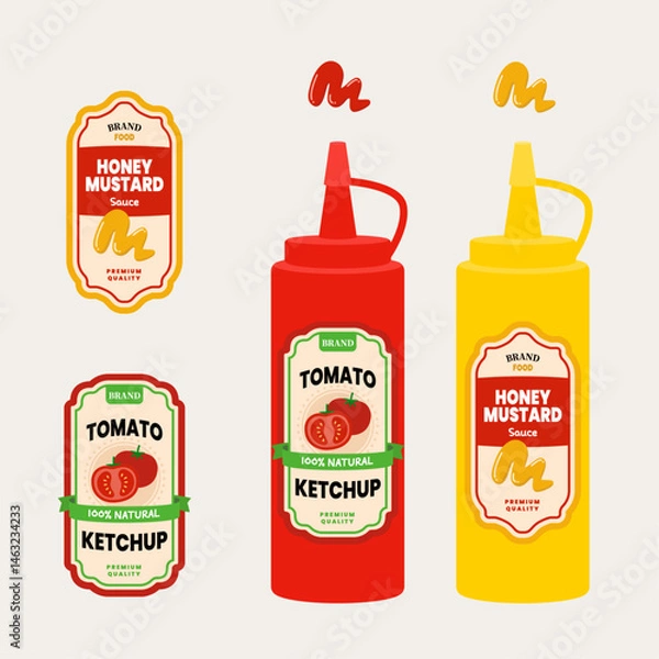Obraz 케첩과 머스타드 소스 용기 라벨 디자인 일러스트 벡터 이미지