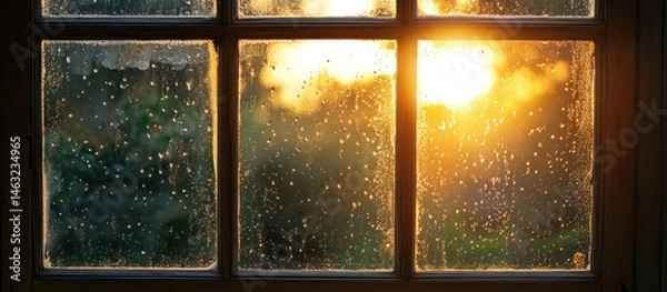 Fototapeta Golden sunlight streams through a rain-streaked window.