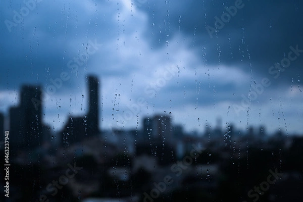 Fototapeta Raindrops on a window with a blurry city skyline in the background under a cloudy sky.