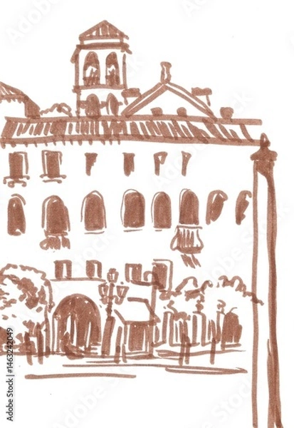 Fototapeta square in venice, travel sketch, monochrome drawing