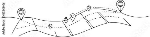 Fototapeta Abstract Traffic route between two points on map. Geolocation signs and trip plan trace Continuous line art drawing vector illustration
