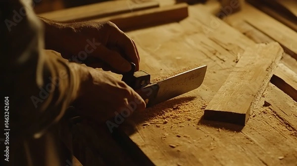 Fototapeta Craftsman Using a Chisel on Wood