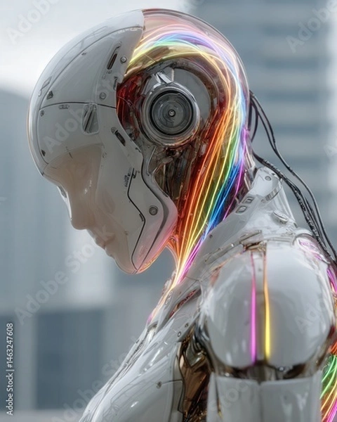 Fototapeta Close-up of a futuristic AI cyborg with rainbow LED lights, standing proudly in front of a high-tech building, symbolizing LGBT+ pride and innovation