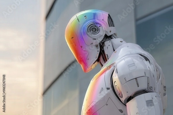 Fototapeta Close-up of a futuristic AI cyborg with rainbow LED lights, standing proudly in front of a high-tech building, symbolizing LGBT+ pride and innovation