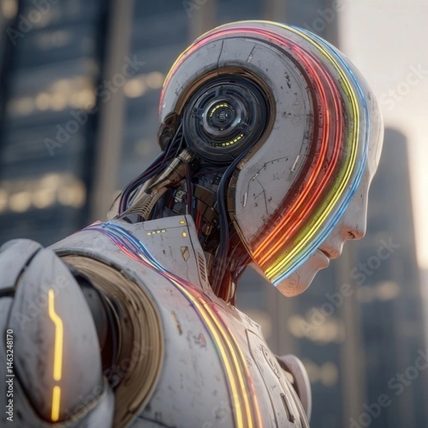 Fototapeta Close-up of a futuristic AI cyborg with rainbow LED lights, standing proudly in front of a high-tech building, symbolizing LGBT+ pride and innovation