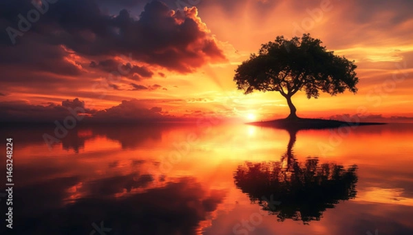 Fototapeta A tree silhouetted against the fiery sunset over an ocean, with clouds reflecting on the calm waters