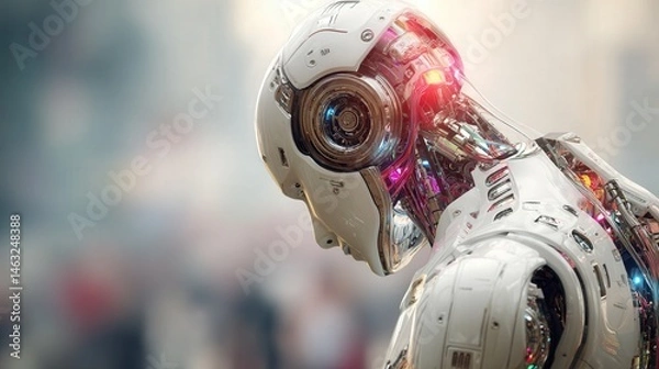Fototapeta Close-up of a futuristic AI cyborg with rainbow LED lights, standing proudly in front of a high-tech building, symbolizing LGBT+ pride and innovation