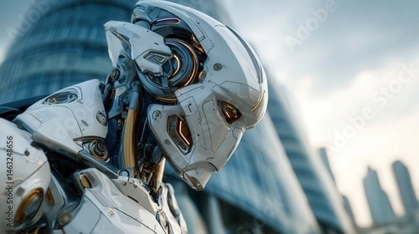 Fototapeta Close-up of a futuristic AI cyborg with rainbow LED lights, standing proudly in front of a high-tech building, symbolizing LGBT+ pride and innovation