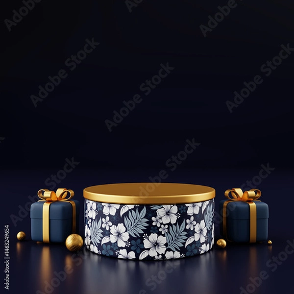Fototapeta Luxury 3D round podium dark blue and gold with hibiscus pattern and gift box, perfect for cosmetics, beauty product display, banner ads, website sale promotion background, not AI generated