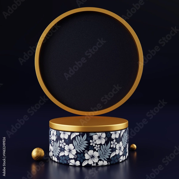 Fototapeta Luxury 3D round podium in dark blue and gold, Hawaiian hibiscus pattern, suitable for displaying cosmetic products, banner ads, website promotion, luxury background, not created by AI.