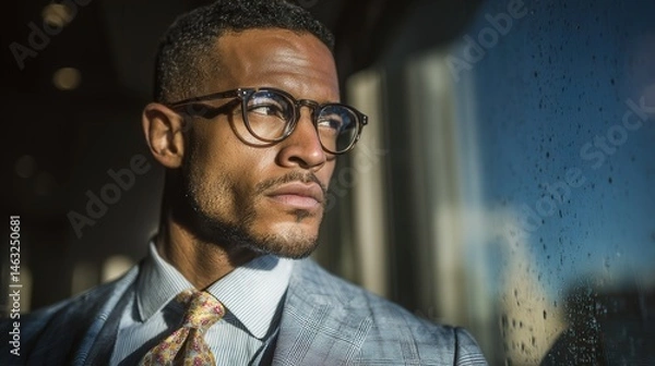 Fototapeta Confident LGBT professional in a sleek suit stands tall in a modern office with a futuristic city view, radiating pride and leadership.