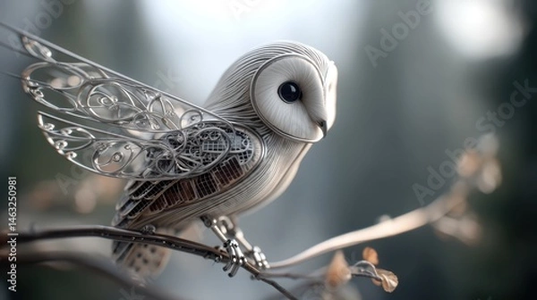 Fototapeta AI-Forest Guardians concept. Robotic owl with solar powered wings watching over