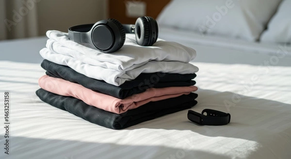 Fototapeta Stacked clothes on bed