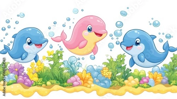 Obraz Playful Cartoon Dolphins Swimming Among Colorful Coral and Bubbles in an Underwater Scene