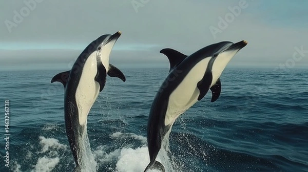 Obraz Two Dolphins Jumping Playfully Above the Ocean Waves in a Clear Blue Sky