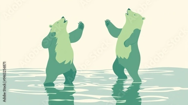 Obraz Two Playful Bears Dancing in the Shallow Water Under a Soft Pastel Sky