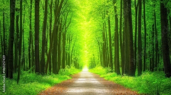Obraz Serene Forest Pathway Illuminated by Sunlight Through Lush Green Trees and Foliage