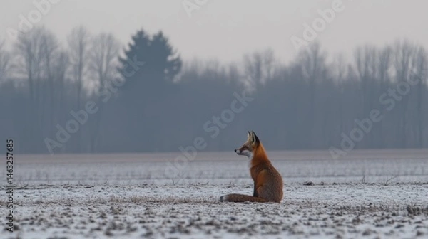 Obraz Majestic Red Fox Sitting in a Snowy Field with Forest Background in Winter Landscape
