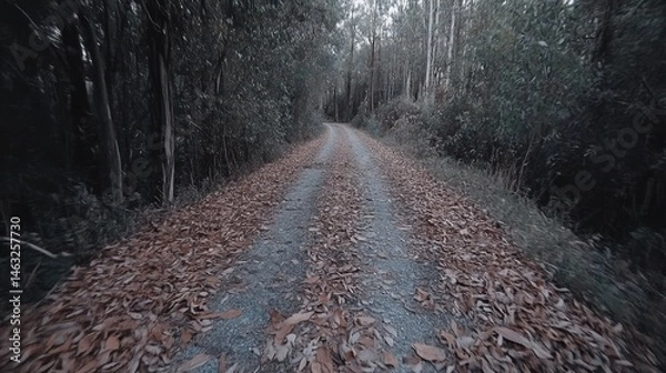 Obraz Serene Pathway in Dense Forest Surrounded by Autumn Leaves on a Tranquil Rural Road