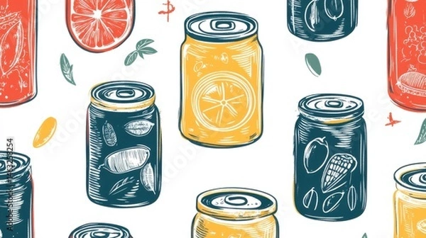 Obraz Colorful Hand-Drawn Cans with Fruits and Nuts on Bright Background for Fresh Design Elements