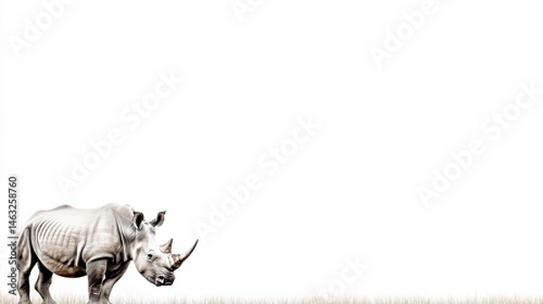 Obraz Majestic Rhinos in Grassland Surrounded by White Negative Space for Design Use