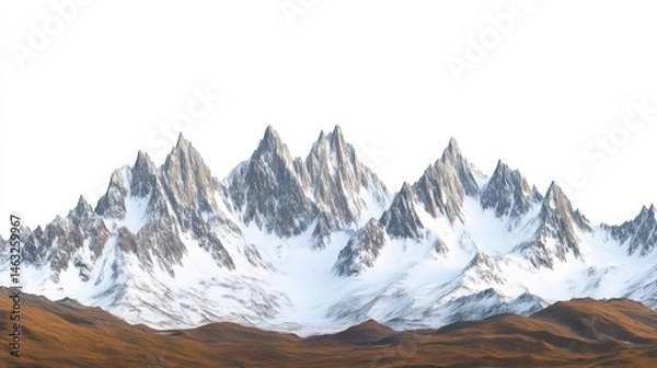 Obraz Majestic Snow-Capped Mountain Range with Rocky Terrain on a Clear White Background