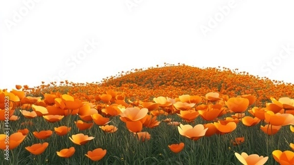 Obraz Vibrant Orange Poppies Blooming in a Rolling Landscape with Clear Sky Background