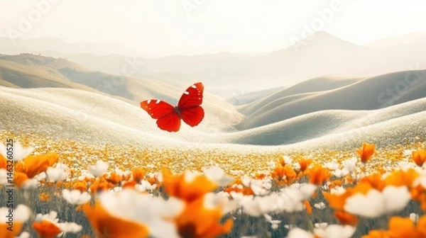 Obraz Vibrant Butterfly Over Colorful Flower Field in Soft Morning Light on Scenic Hills