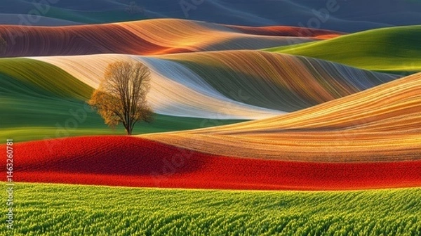 Obraz Vibrant Landscape with Rolling Hills and a Single Tree Amidst Colorful Fields of Flowers