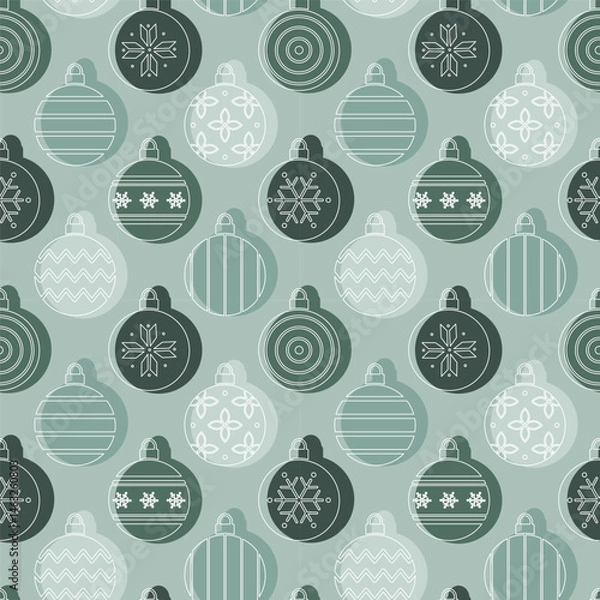Fototapeta Christmas Abstract Background. Christmas Balls Ornaments Pattern. Seamless Colorful Geometric Print with Christmas Ornament. Silhouettes. Trendy Flat Style Bg. Vector in Green, White