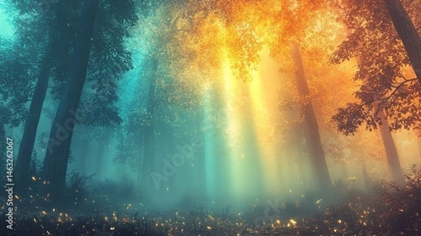 Fototapeta Mystical autumnal forest bathed in vibrant light