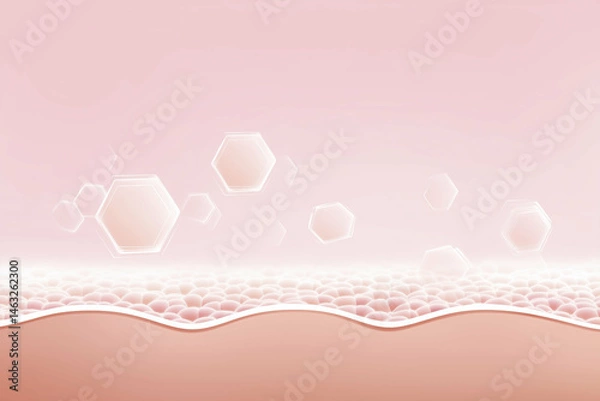 Fototapeta Abstract illustration of skin layers with hexagonal structures floating above, showcasing a soft pink gradient background, representing beauty and skincare concepts in a modern design