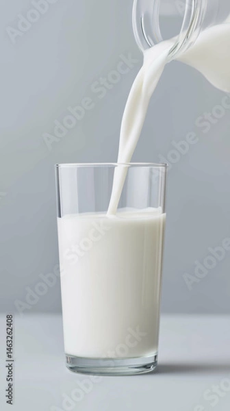 Fototapeta Fresh milk is being poured from a glass jar into a clear drinking glass, showcasing the creamy texture and smooth flow of the liquid against a soft gray background
