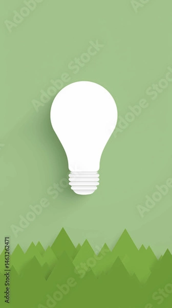 Fototapeta Light bulb illustration on a green background, surrounded by stylized mountain shapes, symbolizing creativity, innovation, and environmental awareness in design