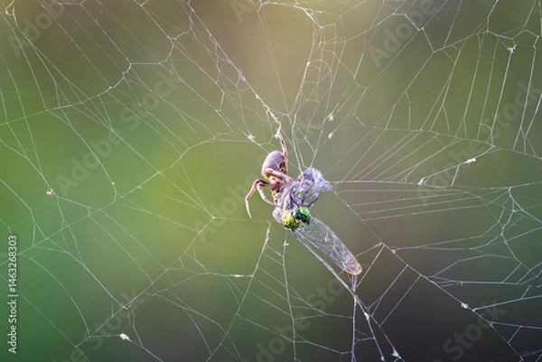 Obraz The  orbweaver spider (Eriophora ravilla) wrapping by web a caught eastern pondhawk dragonfly (Erythemis simplicicollis), Brazos Bend, Texas, USA