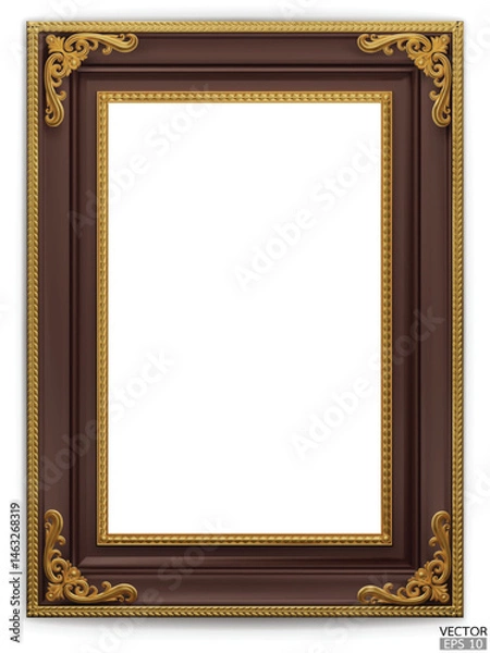 Fototapeta Realistic dark brown wooden vintage frame isolated on white background.  Rectangle frames mockup. Classic Photo wooden frame. Brown border for painting, poster, photo gallery. 3d vector illustration.