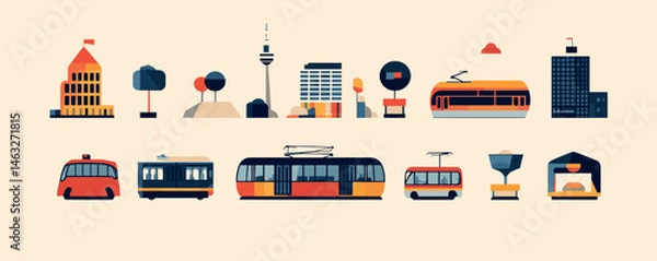 Fototapeta Colorful minimalist illustration of urban tram and cityscape elements with modern buildings.