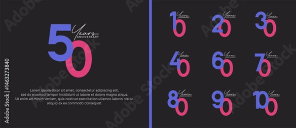 Fototapeta set of anniversary logo flat purple color on black background for celebration moment