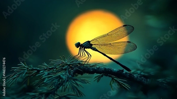 Fototapeta Dragonfly resting on branch at sunset