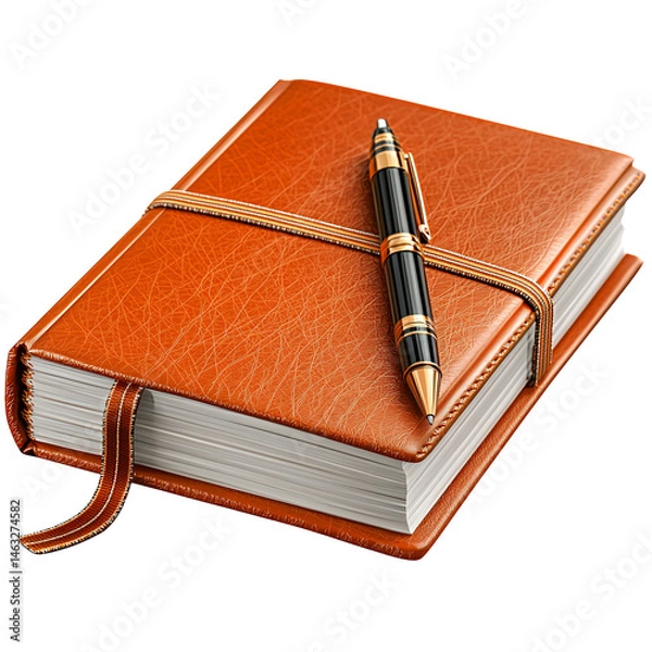 Fototapeta Brown leather journal with a gold and black pen rests on a transparent background. The journal is tied with a rope. The image has a high quality
