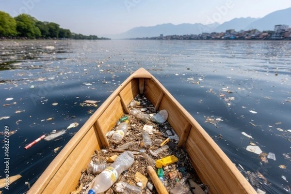 Obraz Wooden boat filled with plastic garbage, floating on a polluted lake, mountains and town visible in background.